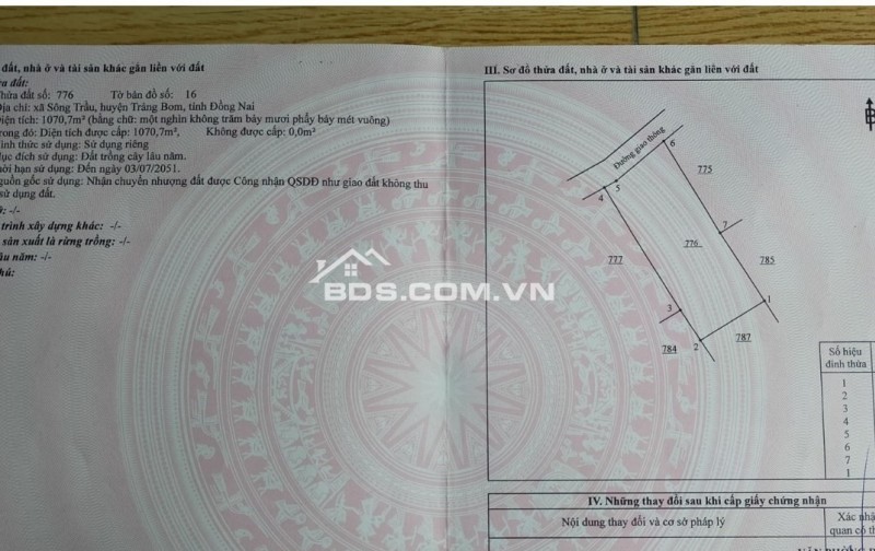 Chính chủ bán đất Sông Trầu - Trảng Bom QH đất ở giá 1,85 triệu/m² đường betong oto giá tốt nhất